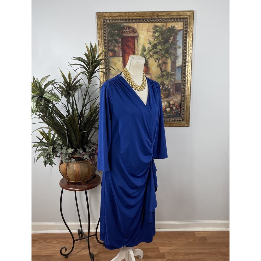 Venus Royal Blue Faux Wrap Ruched Midi Dress XL 3/4 Sleeve - Picture 3 of 12